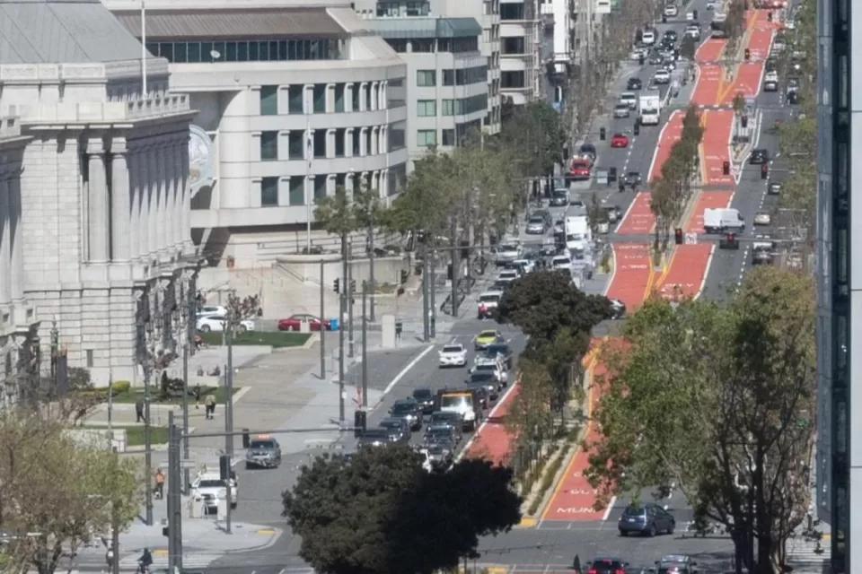 View of Van Ness Avenue, San Francisco, with red bus-only lanes